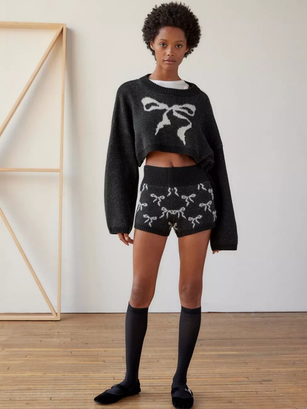 Urban Outfitters Black Sweater with White Bow With Shorts Top Small Bottom XL